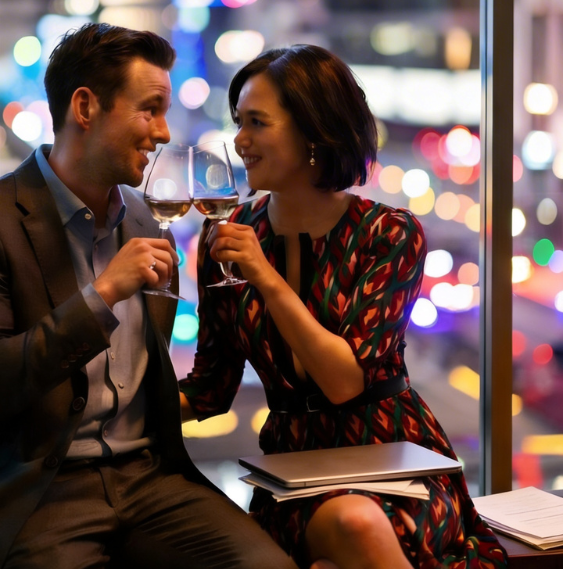 A couple on a date clinking glasses of wine