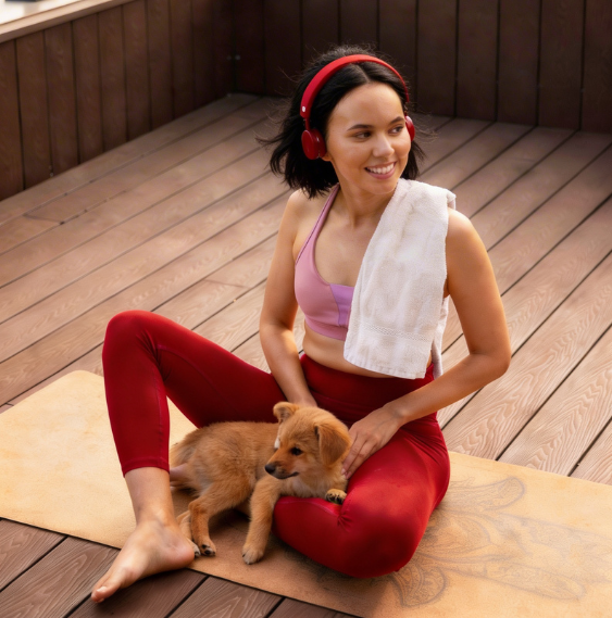 A woman doing a yoga pose with a puppy