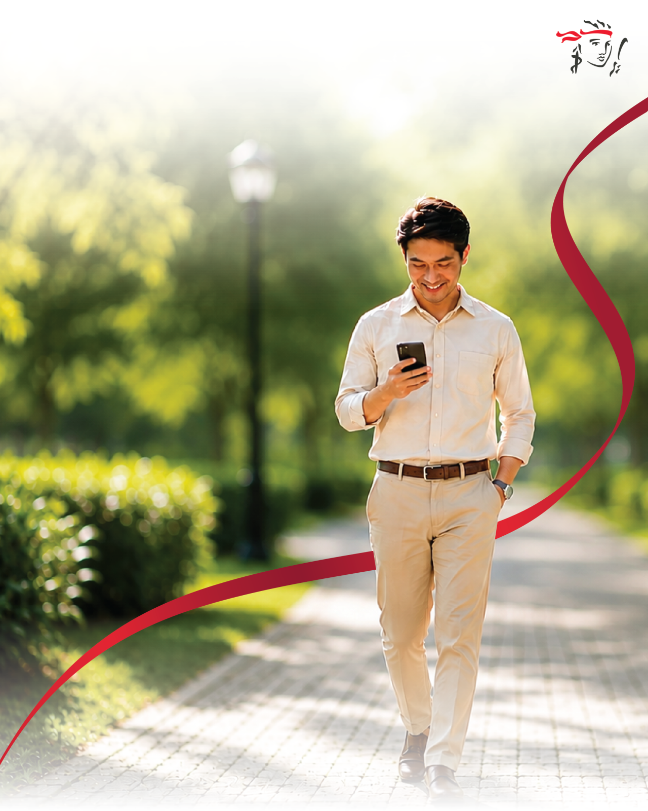 man purchasing PRULove Wealth Direct on PRUShoppe on his mobile phone while walking in a garden